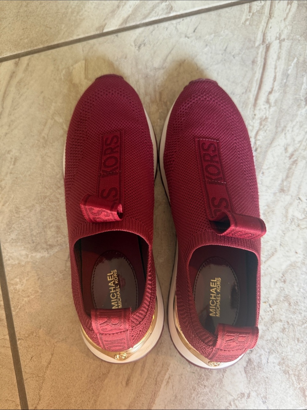 Michael Kors Wine Knit Slip-On Sneakers with Gold Trim